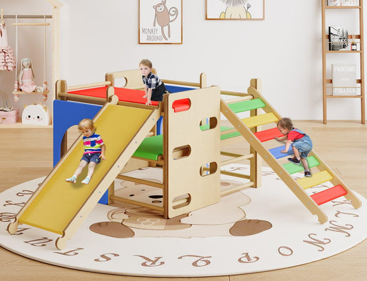 7-in-1 Indoor Jungle Gym, Wooden Indoor Playground for Kids 1-3, Toddler Playground with Climbing Arch, Ladder, Rock and Slide, Montessori Climbing Set Play Gym - Colorful