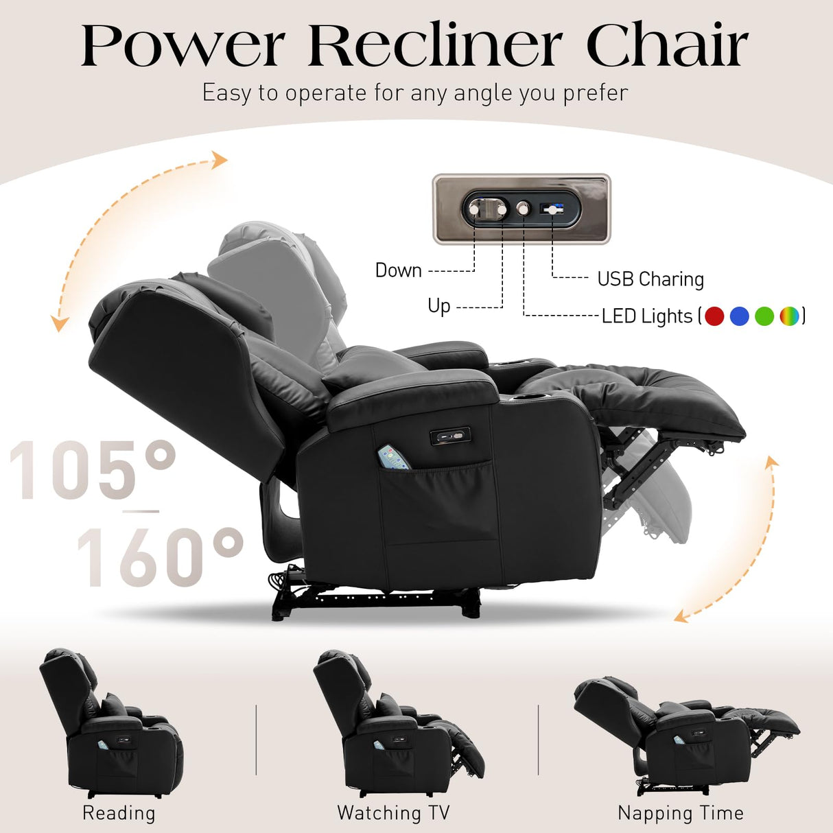 Power Recliner Chairs for Adults with Massage and Heat,Single Faux Leather Recliner Chair Sofa Reclinable Home Theater Seating with LED Lights,Cup Holders,Reclining Chair for Living Room (Black) Generic