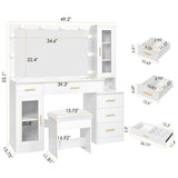 BEWISHOME 49.2" Large Vanity Desk with Mirror and Lights,White Makeup Vanity Table with Glass Top,Stool,Makeup Desk with Power Outlet,Drawers,Cabinet,Nightstand,Dressing Table for Bedroom Women FST34W BEWISHOME
