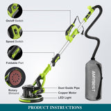 AMYBEST Drywall Sander, Powerful Electric Drywall Sander with Vacuum Dust Collection, 5 Speed 1000-2100 RPM, Popcorn Ceiling Remover, LED Light & 12 Sanding Discs, Extendable Handle (GREEN) AMYBEST