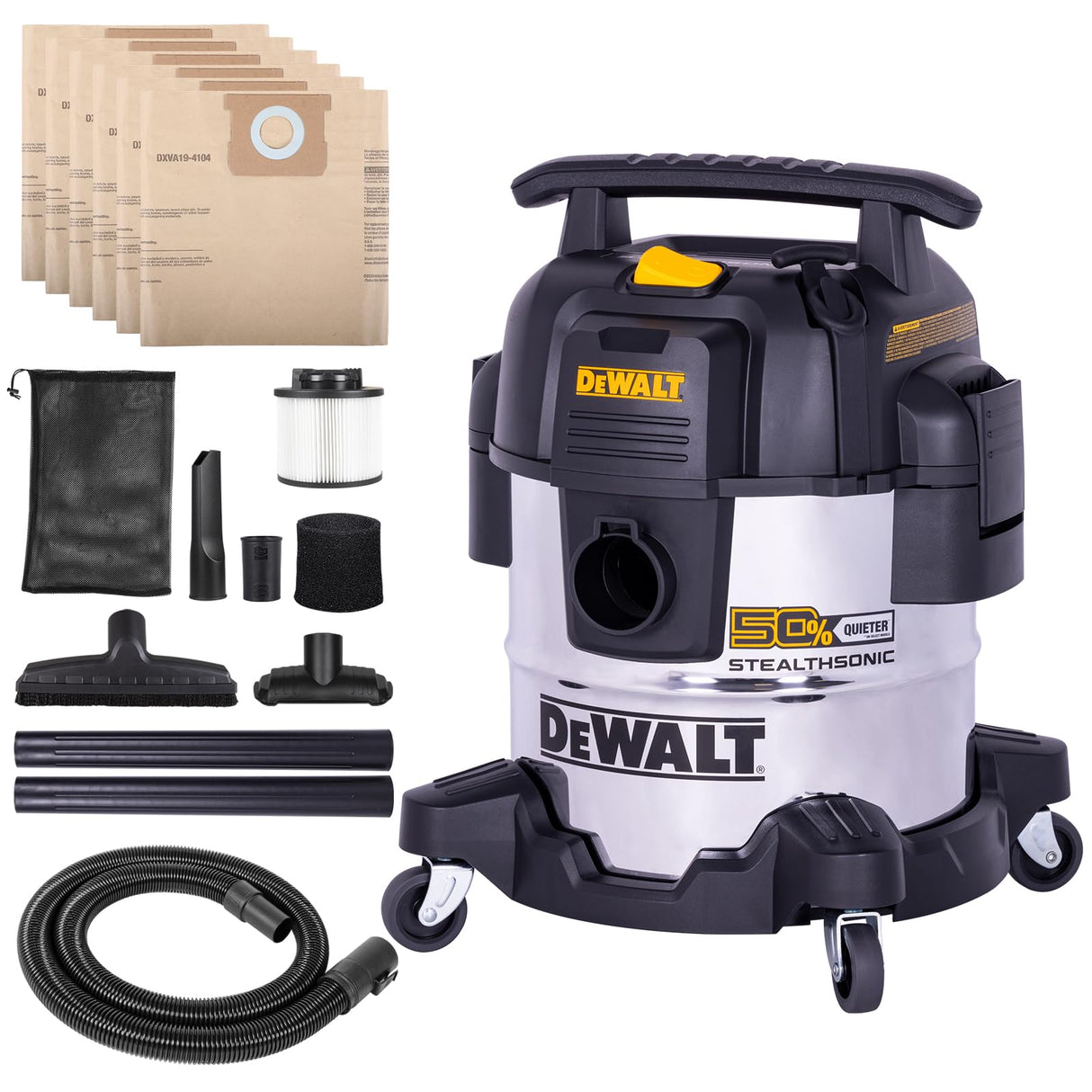 DEWALT 5 Gal Stealthsonic Shop Vacuum Wet and Dry, Ultra-Quiet Stainless Steel Shop Vac, 4 HP Heavy-Duty Vacuum Cleaner with Complete Accessory Kit and 6 Dust Bages for Home, Workshop, Garage, Car DEWALT