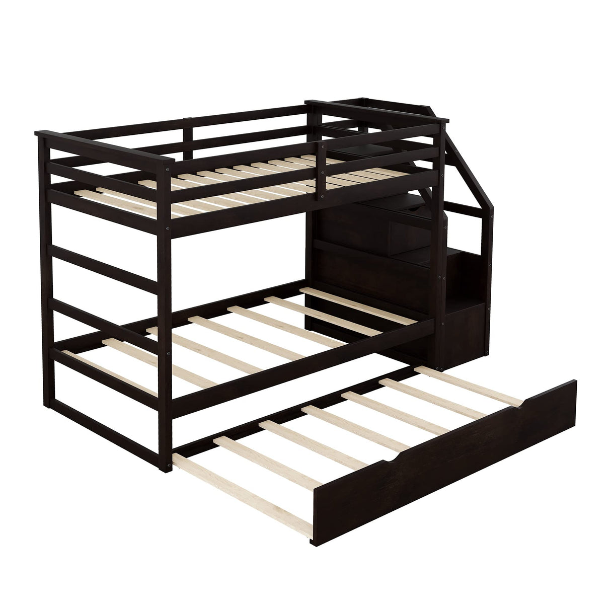 Harper & Bright Designs Twin Over Twin Bunk Beds with Trundle,Wooden Twin Size Bunk Bed Frame with Stairs, Kids Bunk Bed with Storage for Family,Teens,No Box Spring Needed,Espresso Harper & Bright Designs