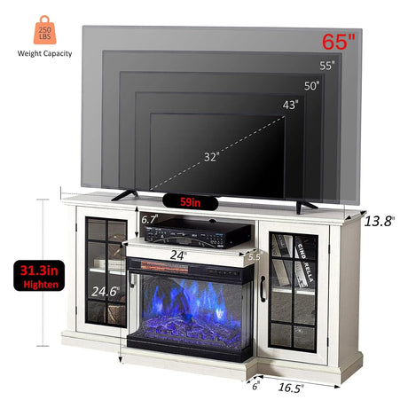 AMERLIFE 3-Sided Glass Fireplace TV Stand for TVs up to 65'' with 12 Color, Media Entertainment Center Console Table with Doors Closed Storage, Distressed White AMERLIFE