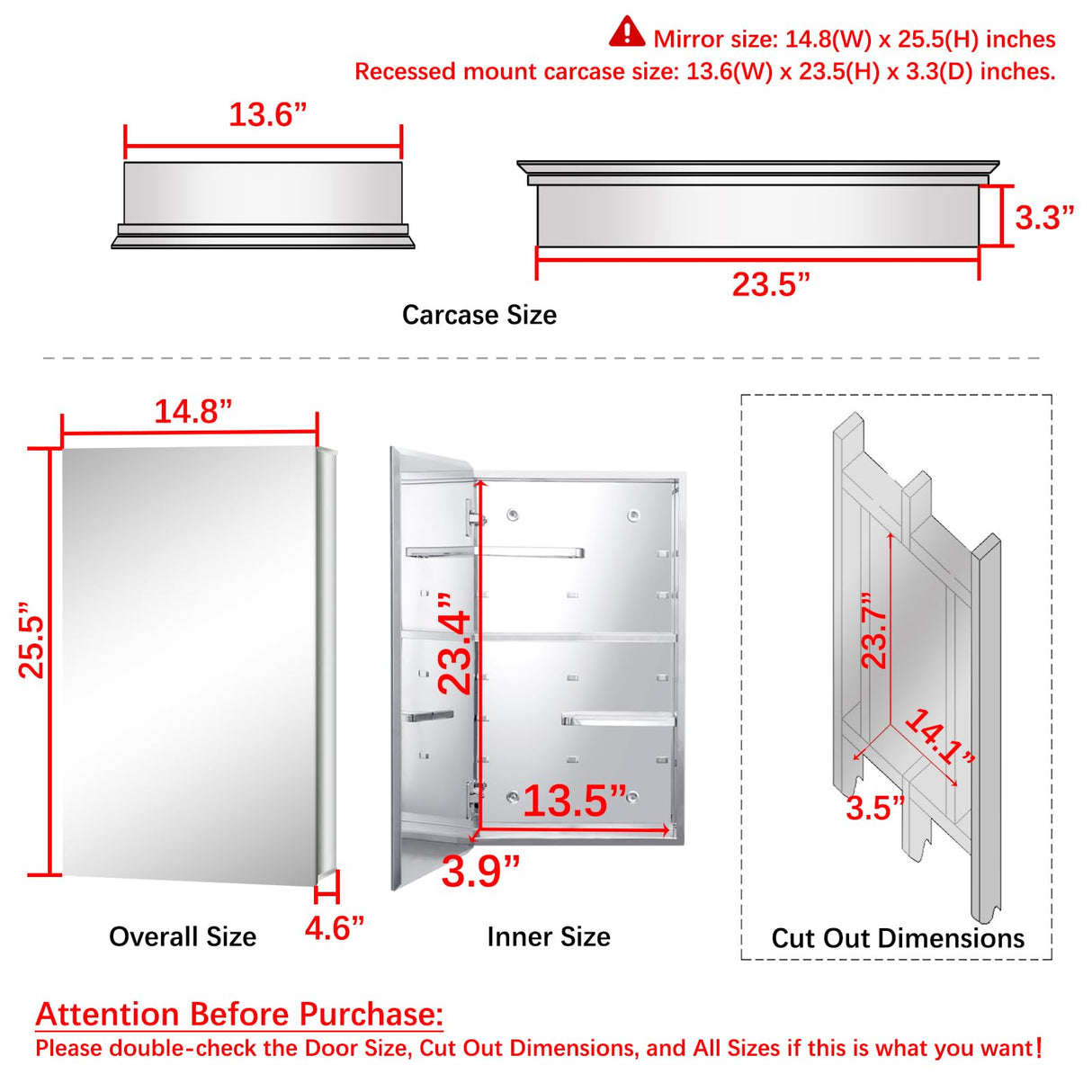 Fundin Bathroom Wall Cabinet with Half Cut Shelves,14.8 x 25.6 Stainless Steel Storage Cabinet, Bathroom/Living Room Medicine Cabinet Fundin
