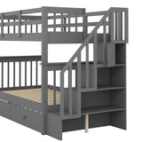 Twin Over Twin Bunk Bed with Trundle and Stairs, Solid Wood Bunk Beds Frame with Storage for Kids, Teens, Adults, Bedroom, Dorm. No Box Spring Needed (Gray) Bellemave