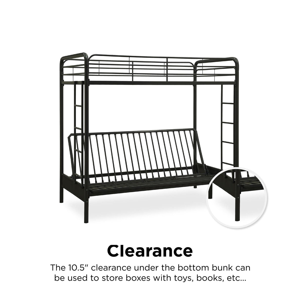 DHP Twin-Over-Futon Convertible Couch and Bed with Metal Frame, Ladder and Guardrails - Black DHP
