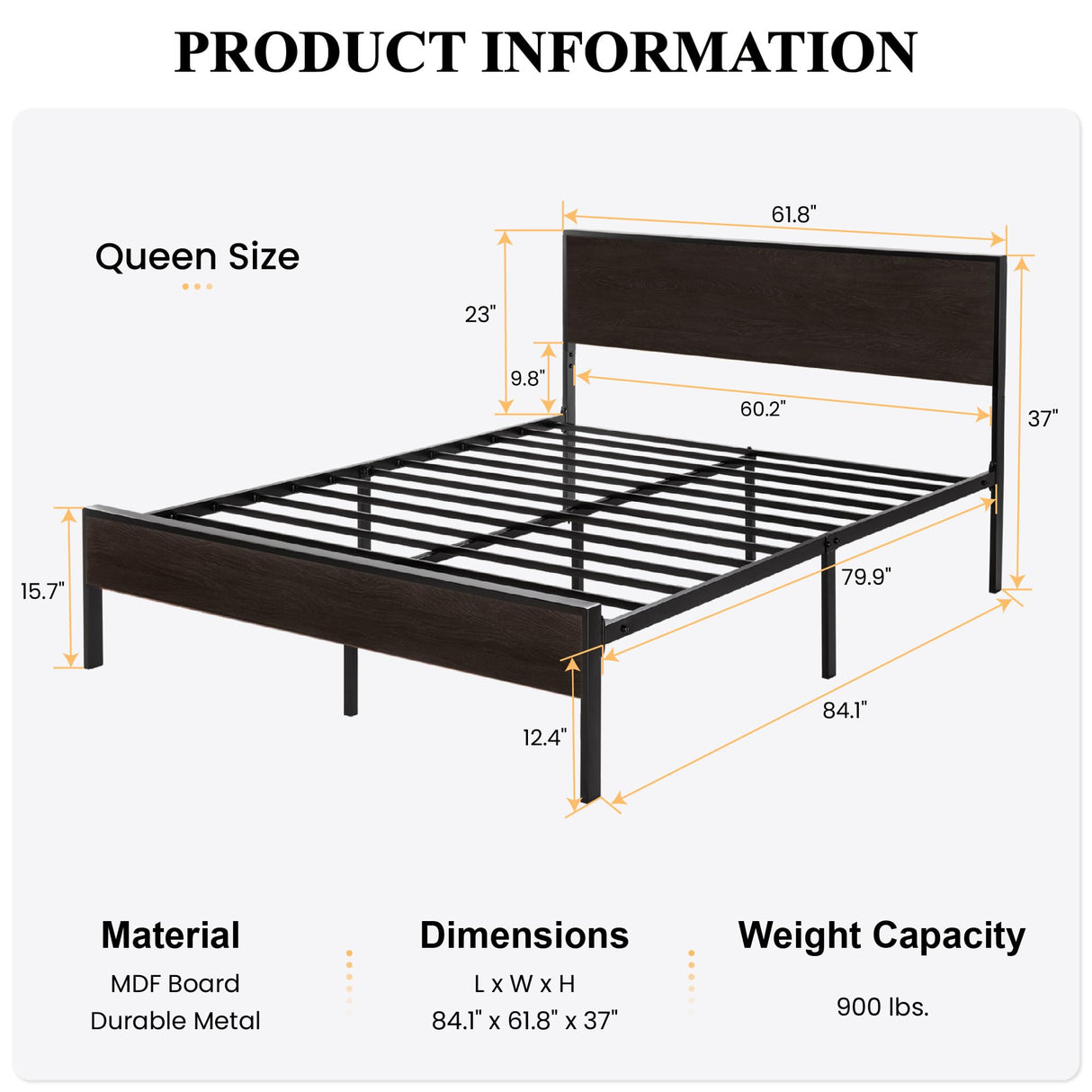 SHA CERLIN Heavy Duty Queen Bed Frame with Headboard and Under-Bed Storage - Black Oak SHA CERLIN