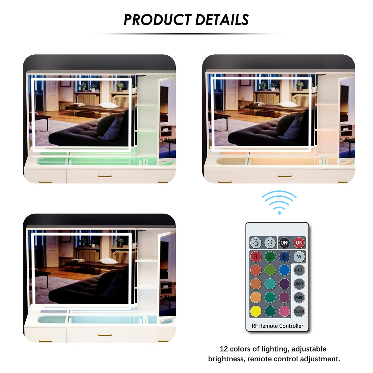 GLAUBIO Vanity Desk Set with Large LED Lighted Mirror, Makeup Table with 7 Drawers,Glass Tabletop Vanity Desk with Cabinet,Modern Vanity Table for Bedroom, White GLAUBIO