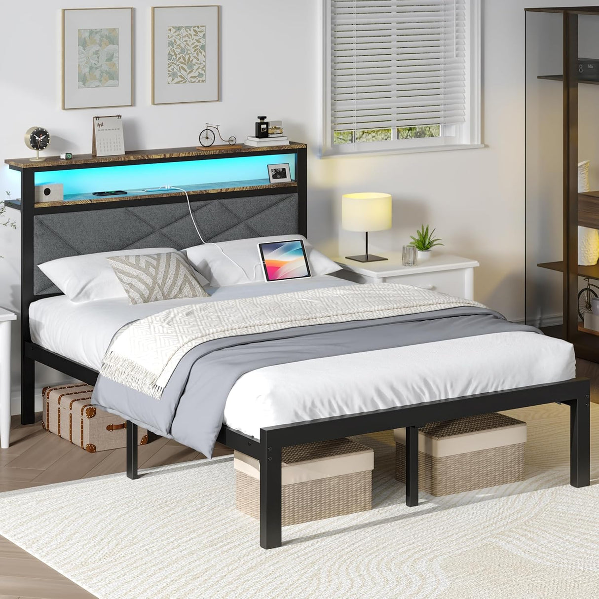 ChicZhiNest Full Bed Frame with Charging Station, LED Lights, Heavy Duty Metal Slats, Headboard with Upholstered Back and Storage Shelves, No Box Spring, Noise-Free, Easy Assembly, Dark Gray ChicZhiNest