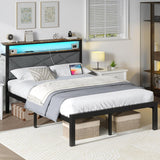 ChicZhiNest Full Bed Frame with Charging Station, LED Lights, Heavy Duty Metal Slats, Headboard with Upholstered Back and Storage Shelves, No Box Spring, Noise-Free, Easy Assembly, Dark Gray ChicZhiNest