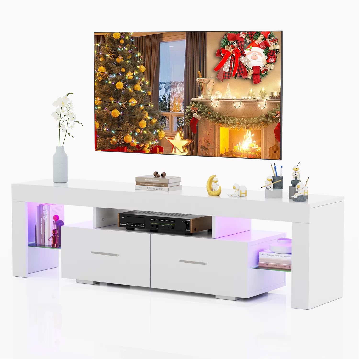 HOUAGI LED TV Stand for 50/55/60/65/70 Inch TVs,Modern Entertainment Center with Storage Drawer and Glass Shelf, TV Console Table for Living Room,Bedroom,White - WoodArtSupply