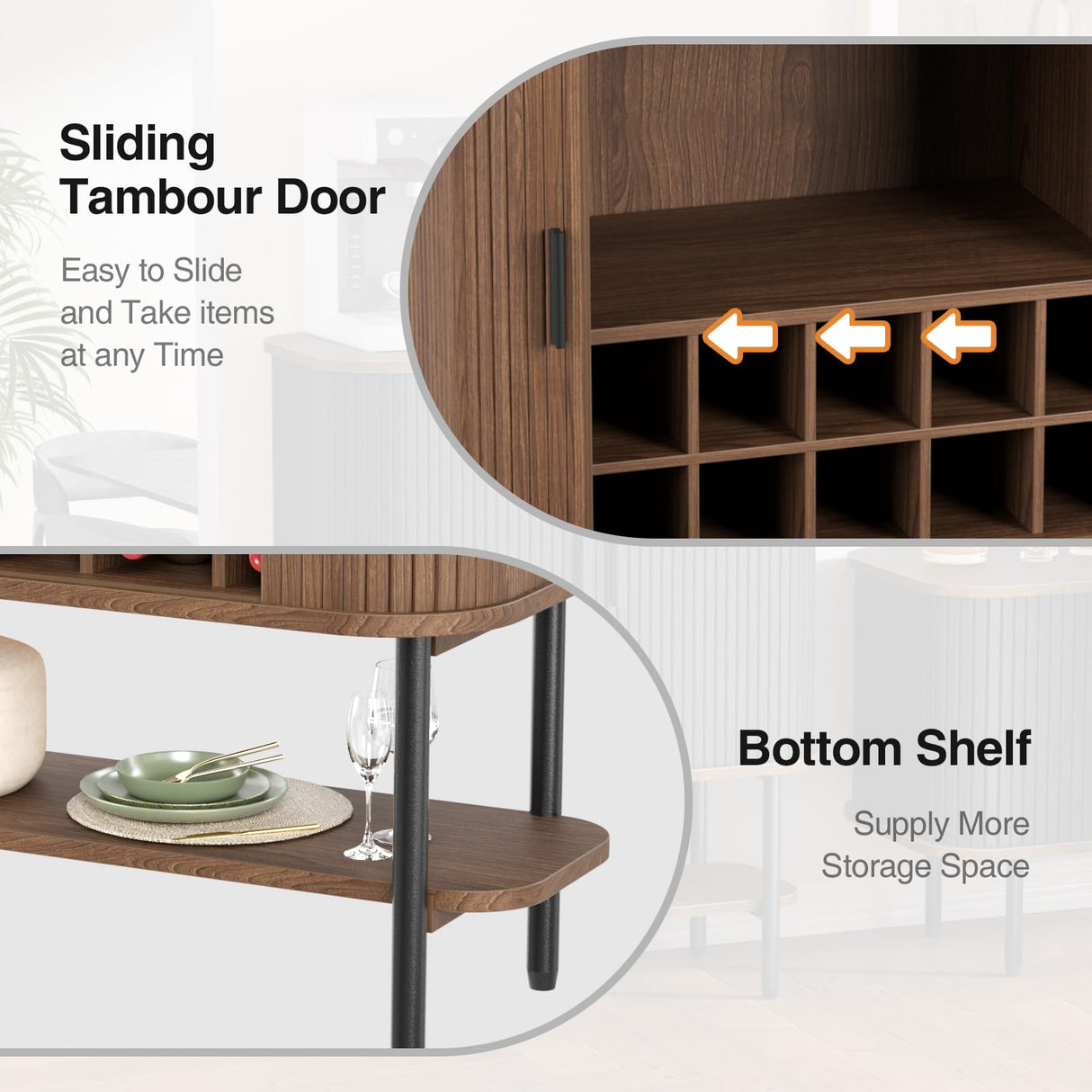 Coffee Bar Cabinet with Storage, Fluted Wine Cabinet with Sliding Doors, Glass Holder and Wine Rack, Buffet Sideboard Cabinet Liquor Cabinet for Kitchen, Dining Room, Living Room, Walnut FiveWillowise