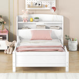SOFTSEA Twin Size Antique White LED Platform Bed with Storage Headboard and Safety Guardrails SOFTSEA