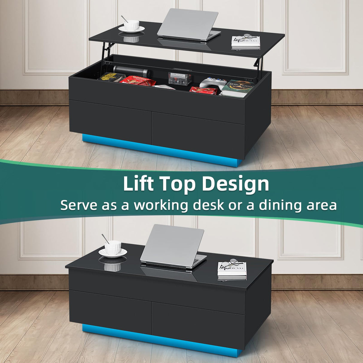 LED Coffee Table with Lift Top Morden Coffee Table with Storage High Gloss Black Sofa Table for Living Room Center Tables Hidden Compartment & 2 Drawers HOMMPA