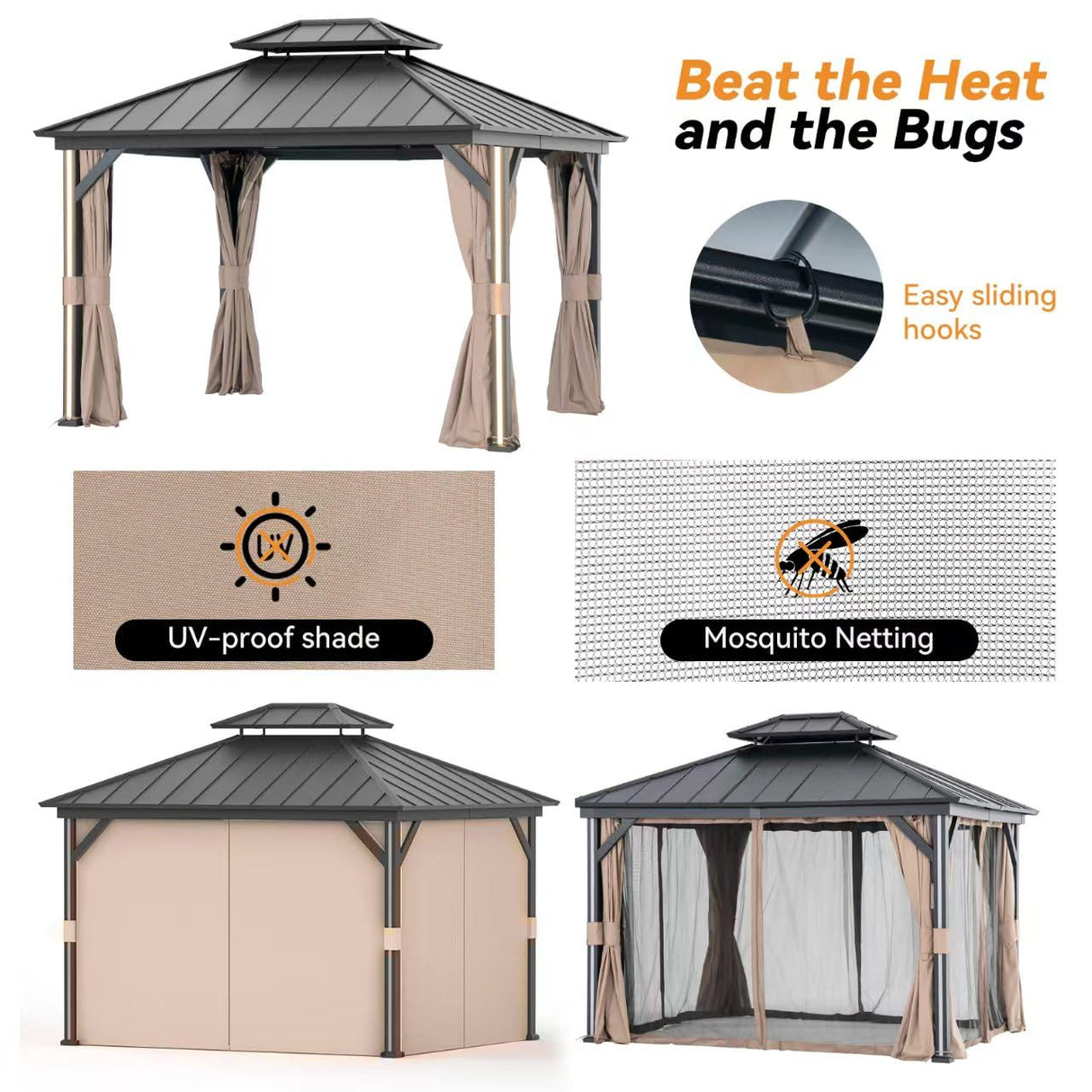 Modern Shade 10' x 12' Hardtop Gazebo with Galvanized Steel Roof, Aluminum Frame, Mosquito Netting, Curtains, 4 LED Lights, USB & USB-C Charging Port Permanent Outdoor Pavilion for Backyard Patio Modern Shade Outdoor Living Spaces