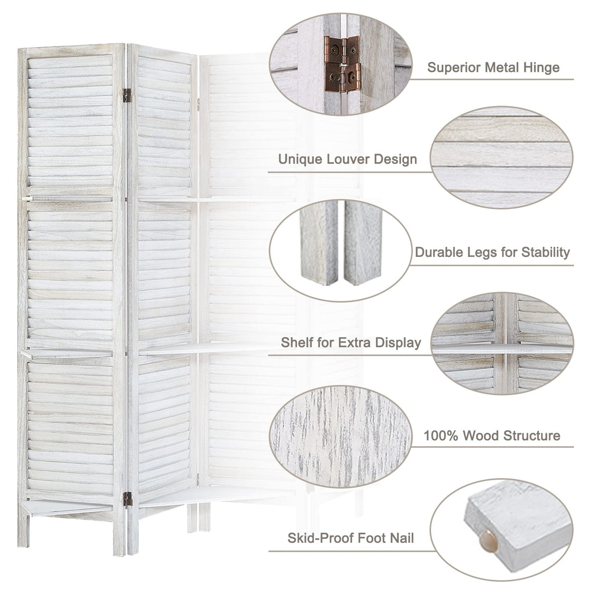 AMBITION LAND Room Divider with Shelves, Privacy Screen, Room Dividers and Folding Privacy Screens, 5 Panel Wood Temporary Wall Partition Separation Separator, Coconut AMBITION LAND