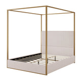 Merax Modern Luxury Queen Metal Canopy Bed with Tall Upholstered Headboard, Gold Four Poster Bed, No Box Spring Needed, Beige Merax