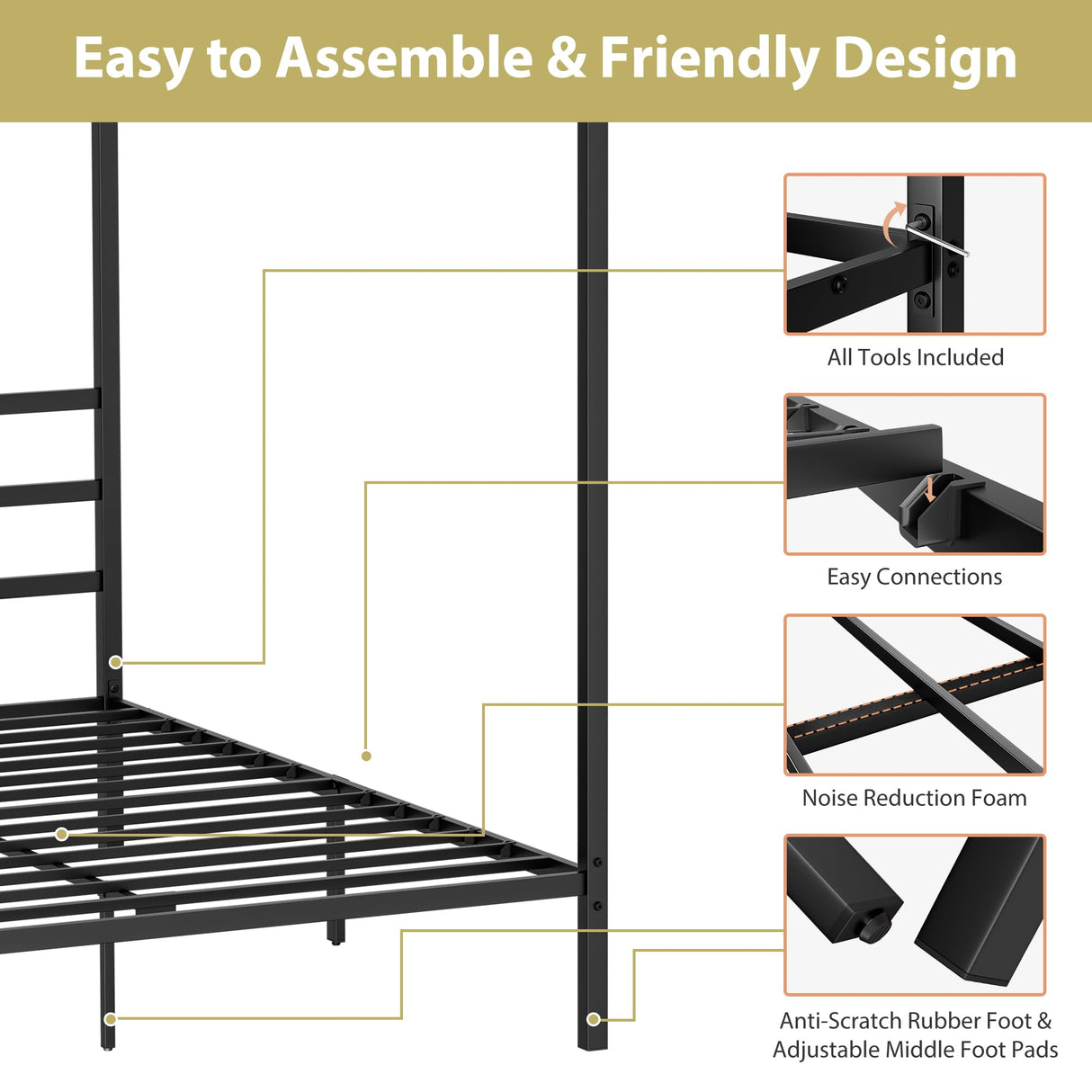 Nouva 14 Inch Metal Canopy Bed Frame Queen Size - Heavy Duty Metal Four Posters Bed Platform w/Headboard No Box Spring Needed, Slat Mattress Support,Noise Free, Black Nouva