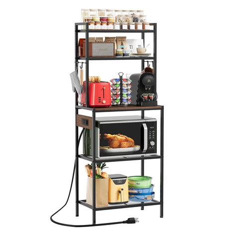 Roxibelt S1 Kitchen Bakers Rack with Power Outlet, Microwave Stand with Storage 5-Tiers, Freestanding Coffee Bar Table with 4 Hooks, Kitchen Storage Shelf 13" D x 22.9" W x 58.3" H, Rustic Brown Roxibelt