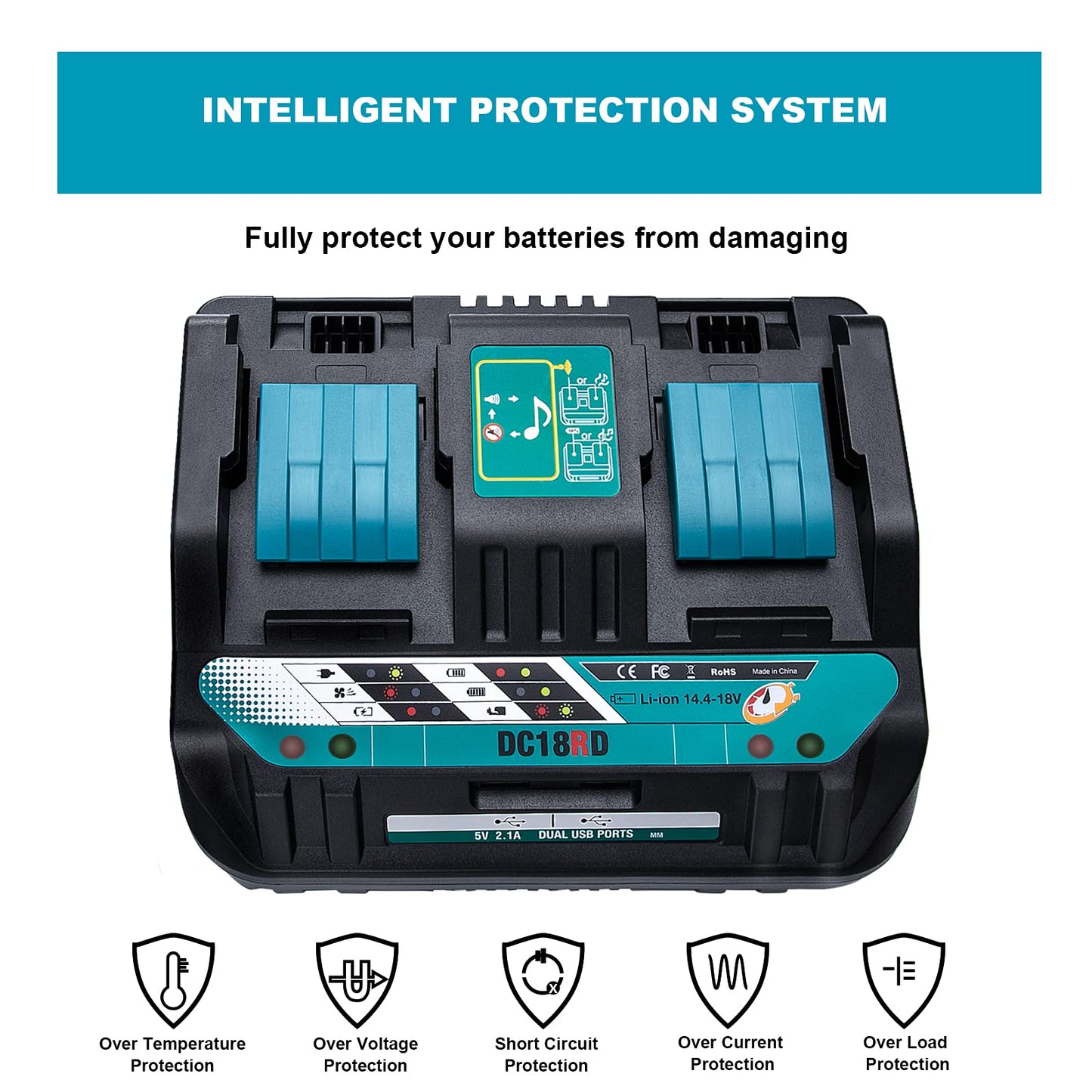 18V DC18RD Dual Ports Battery Charger for Makita 14.4V-18V LXT Lithium-Ion Battery BL1415 BL1430 BL1830 BL1840 BL1850 BL1850B BL1860B BL1860 BL1815, Hiesuan Replace DC18RC DC18SF DC18RT - WoodArtSupply