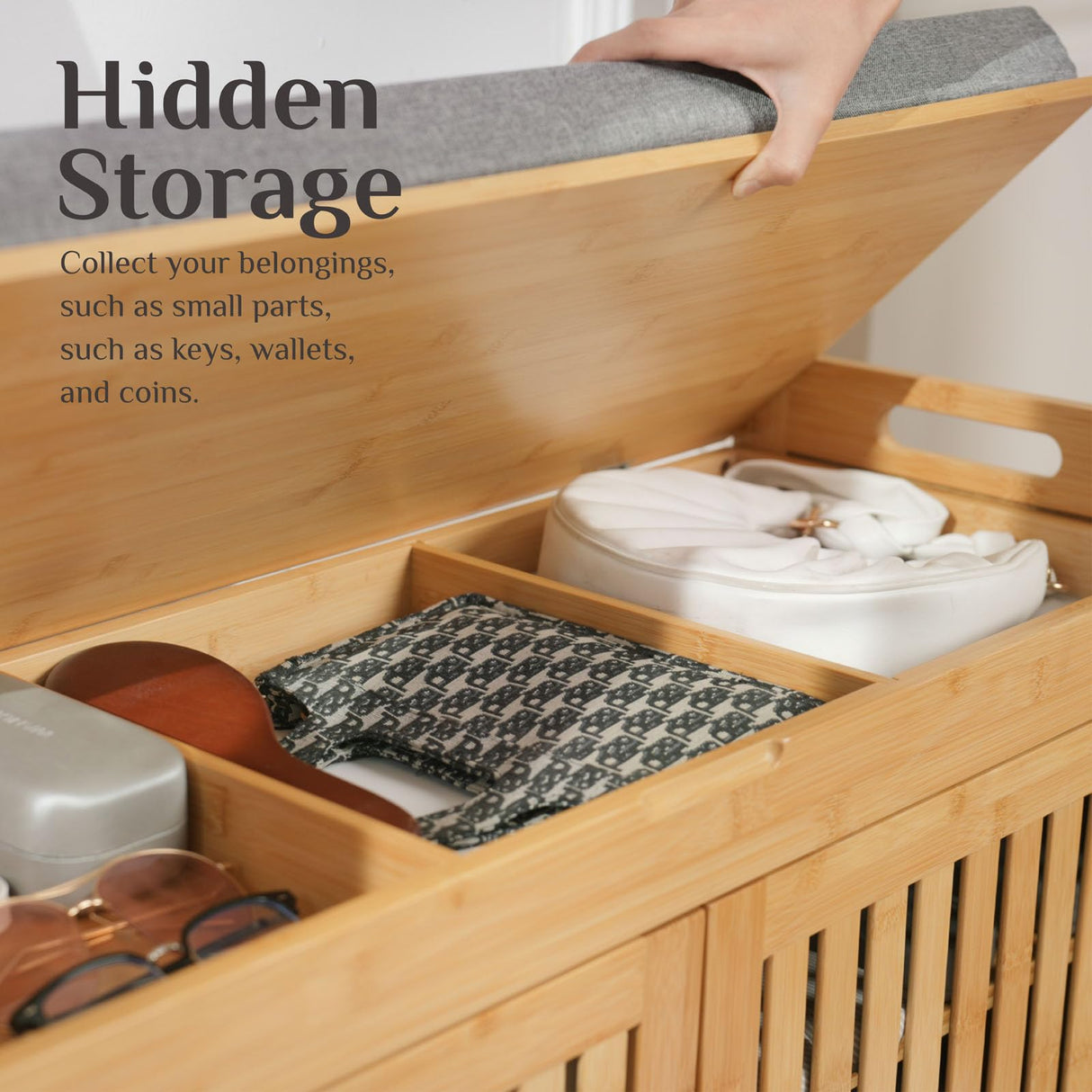 Shoe Storage Bench, Bamboo Entryway Bench with 2 Doors & Padded Seat Cushion, 2 Tier Shoe Rack, 35.4" W x 12.6" D x 19.7" H, Shoe Cabinet Organizer for Entryway, Living Room, Bedroom, Hallway, Nature oakvivo