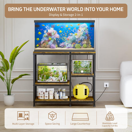 MILEFA Reinforced 40-50 Gallon Aquarium Stand with Power Outlet | Ultra-Stable 750LBS Capacity Metal Fish Tank Stand for Reptile/Aquatic Setups, 5-Tier Adjustable 37"x19" Steel Shelving System MILEFA