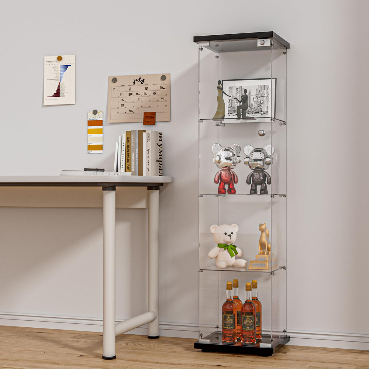 FANYUSHOW Glass Display Cabinet with Door and Lock, Quick-Install Style 4-Shelf Curio Cabinet 5mm Tempered Glass Floor Standing Bookshelf for Living Room, Bedroom, 65" H x 17''L x 14''W (Black) FANYUSHOW