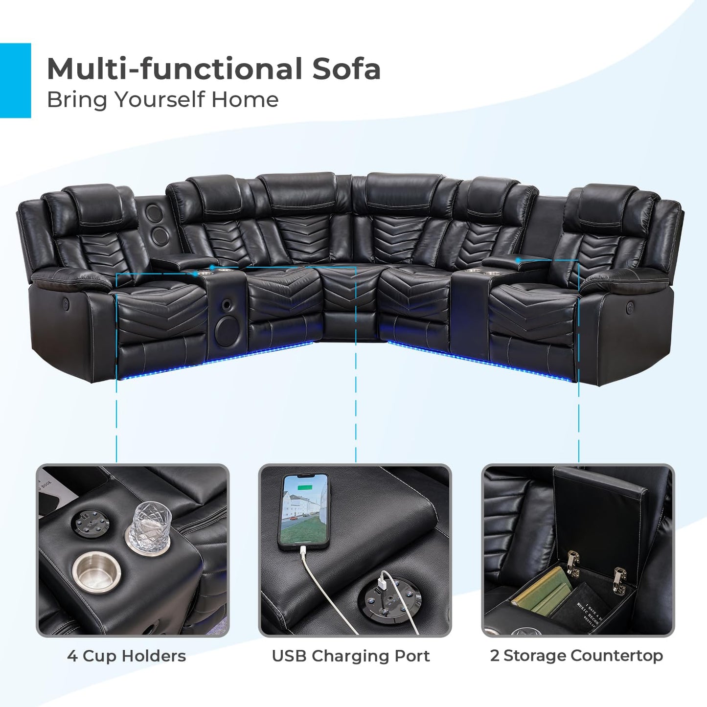 Comfort Stretch Power Recliner Sectional Sofa Couches with Bass Speakers for Living Room, Leather Reclining Corner Sectionals Sofa Couch Sets with LED Light, Electric Theater Recliners for Home, Black