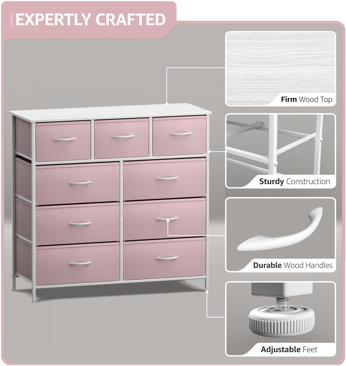 Sorbus Dresser with 9 Drawers - Furniture Storage Chest Tower Unit for Bedroom, Hallway, Closet, Office Organization - Steel Frame, Wood Top, Fabric Bins (Solid Pink, Solid) Sorbus