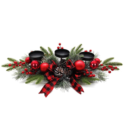 27.5-Inch Christmas Table Centerpiece with Candle Holders, Red Berries, and Pine Cones