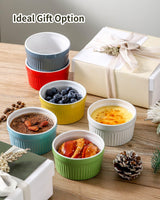 Hasense Ramekins Oven Safe, 8 oz Ramekins for Baking Souffle Ramekins Set of 6, Ceramic Dipping Sauce Cups for Pudding, Ice Cream, Custard, Dessert Bowls Porcelain, Dishwasher Safe, Multi color Hasense