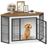 HOOBRO Corner Dog Crate Furniture, Decorative Dog Kennel End Table, Farmhouse Dog Crate TV Stand for Small and Medium Dogs, Walnut, White and Black BWH90GW03 HOOBRO