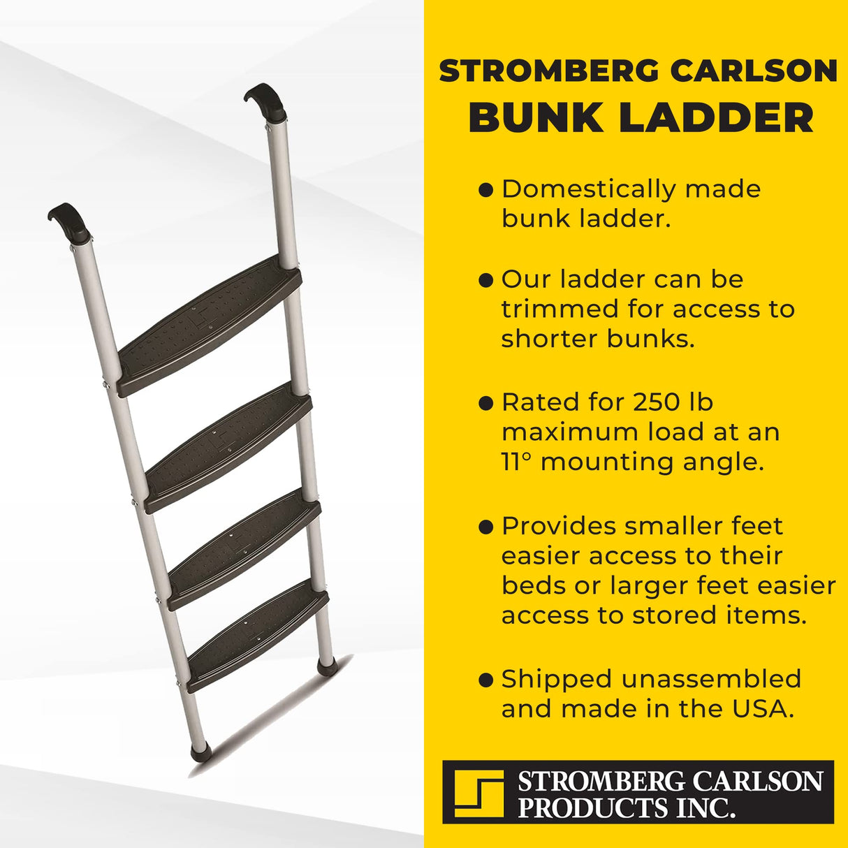 Stromberg Carlson Interior Bunk Ladder, KD, RV Bunk Ladder, Bunk Bed Ladder with Injection Molded Treads, Hooks and Mounting Hardware Included, can be used as Dorm Loft Ladder - Black 66" Stromberg Carlson