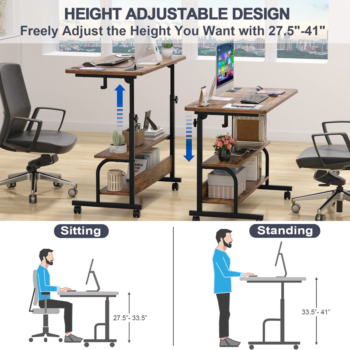 Height Adjustable Standing Desk with Power Outlets, 32" Manual Stand Up Desk with Storage Shelves Small Mobile Rolling Computer Desk Portable Laptop Table with Wheels for Home Office, Rustic armocity