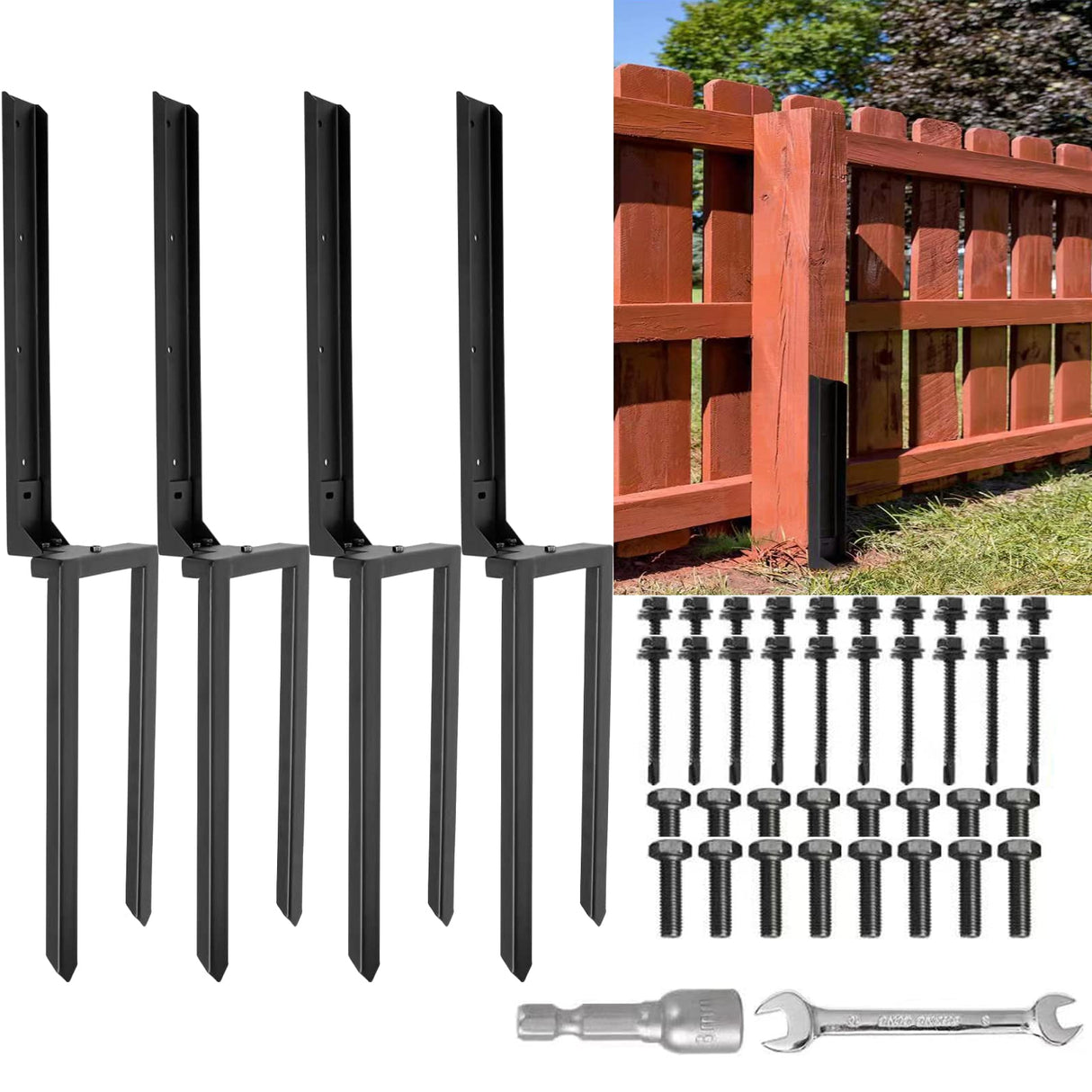 Nrspp Heavy Duty Steel Fence Post Repair Stakes, 4 Pcs Fence Post Anchor Double Ground Spike for Repair Tilted/Broken Wood Fence Post Nrspp