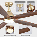 YZEENM 60 Inch Ceiling Fan with Light, Outdoor Ceiling Fans for Patios, Gold Ceiling Fan with LED Lights and Remote, 5 Solid Wood Blade, Quiet DC Motor, Farmhouse Outdoor Large Ceiling Fan Walnut YZEENM