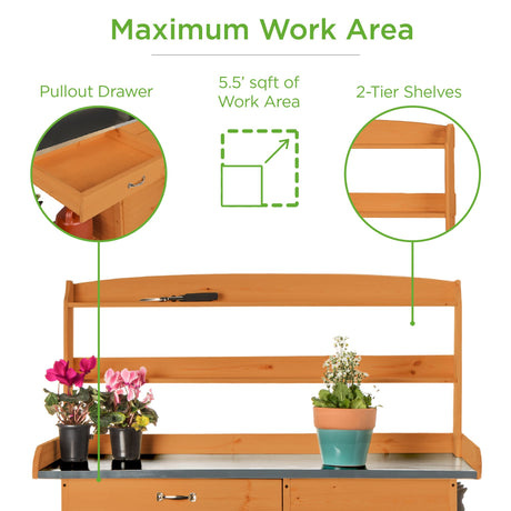 Best Choice Products Outdoor Garden Wooden Potting Bench Work Station w/Metal Table Top, Pre-Stained Finish, Cabinet, Sliding Drawer, Large Bottom Shelf - Brown Best Choice Products