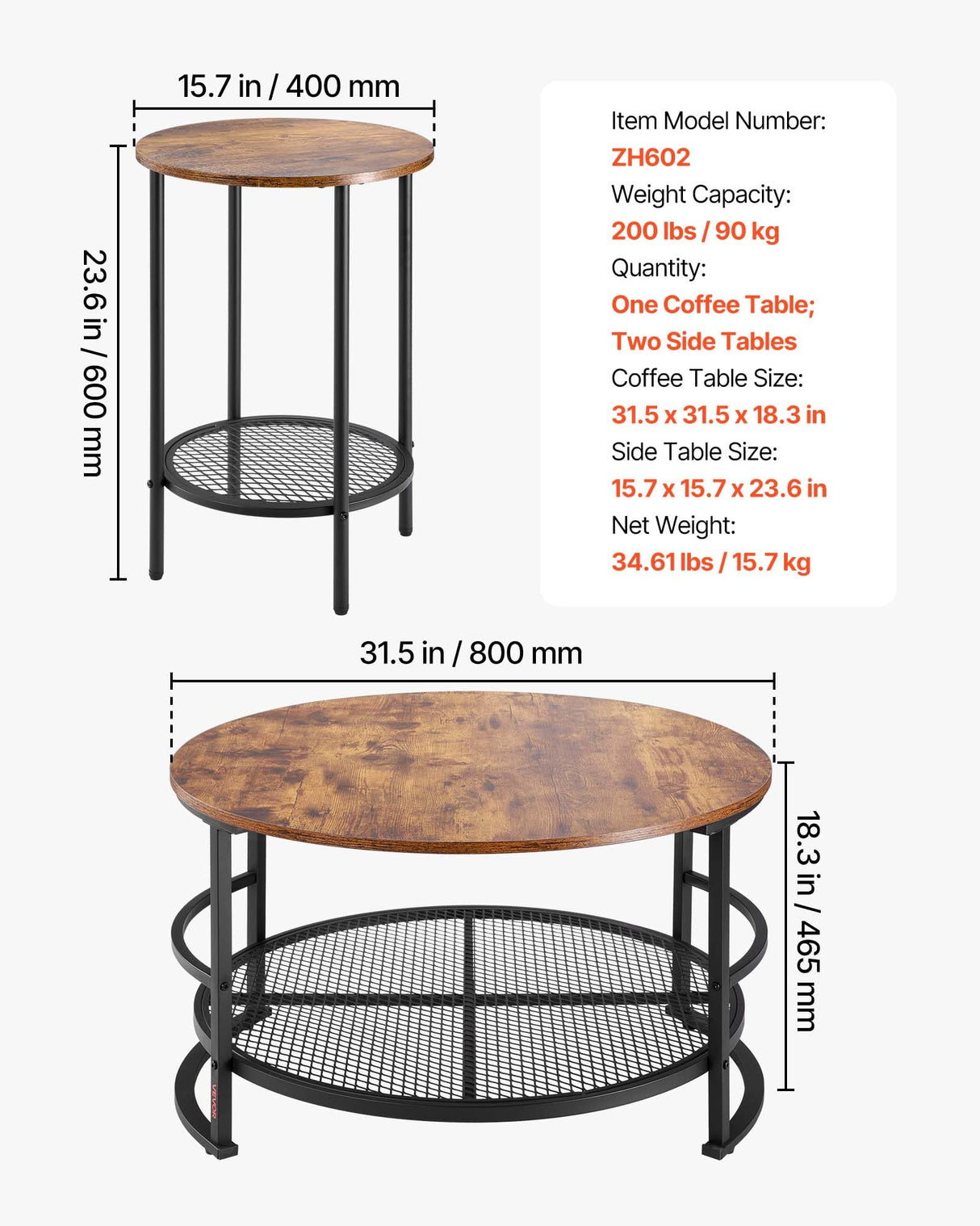 VEVOR 3 Pieces Round Coffee Table Sets, 31.5 in Industrial Living Room Table with 2 End Side Tables, Easy Assembly Coffee and End Tables Sets with Metal Legs, for Office, Living Room and Apartment VEVOR