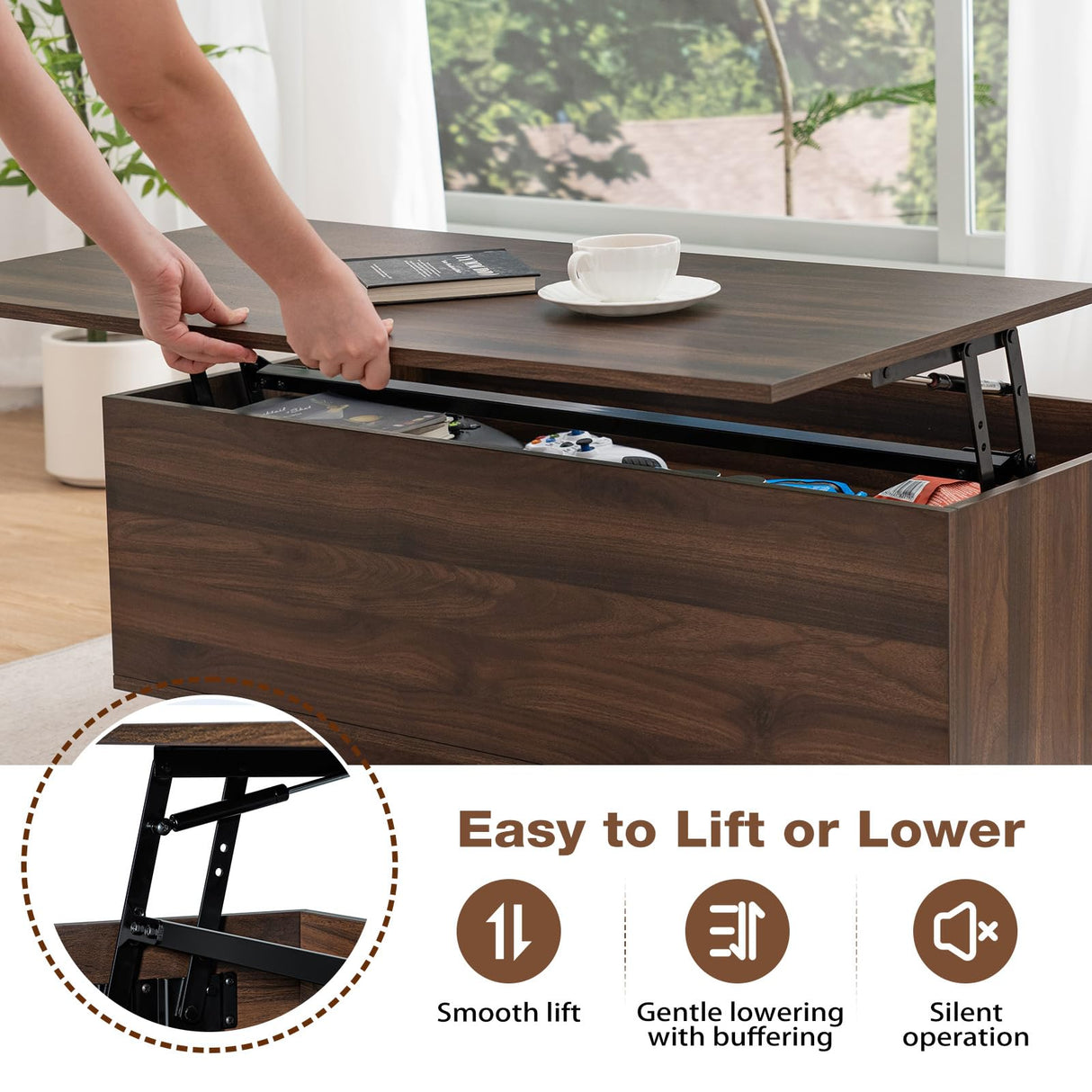 HOMMPA Modern Lift Top Coffee Table with Storage for Living Room, LED Coffee Table, Wooden Lift Table Top Dining Table with 2 Drawers Hidden Compartment & Metal Frame, Walnut HOMMPA