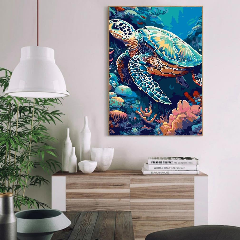 MIRCVSH Sea Turtle Paint by Numbers for Adults - Paint by Number with Frame,DIY Paint by Number with Wooden Frame Easy Acrylic on Canvas 12x16 in (Include Framed) MIRCVSH