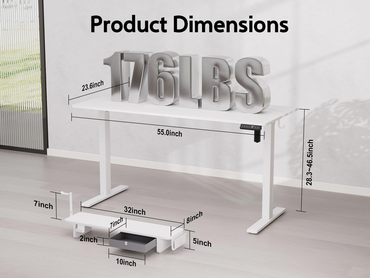 WALKINGDESK 55x24 Inches Electric Standing Desk with Drawer and Monitor Stand, Height Adjustable Stand up Desk for Home Office, Ergonomic Sit to Stand Desk with Phone Holder, 3 Hooks, White WALKINGDESK