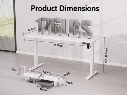 WALKINGDESK 55x24 Inches Electric Standing Desk with Drawer and Monitor Stand, Height Adjustable Stand up Desk for Home Office, Ergonomic Sit to Stand Desk with Phone Holder, 3 Hooks, White