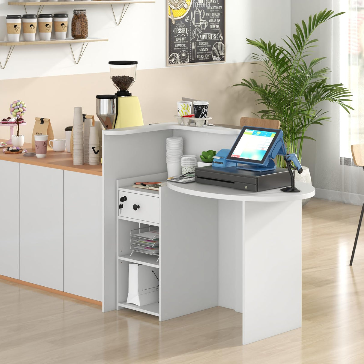 IFANNY Reception Desk, 48’’ Retail Counter Table w/Lockable Drawer & Storage Shelf, L-Shaped Reception Table, Wooden Computer Desk for Salon, Restaurant, Office (White) IFANNY