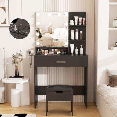 Fameill Makeup Vanity Table with Lighted Mirror & Charging Station, Black Vanity Set Vanity Desk with 3 Lighting Modes, Brightness Adjustable, 31.5in(W)