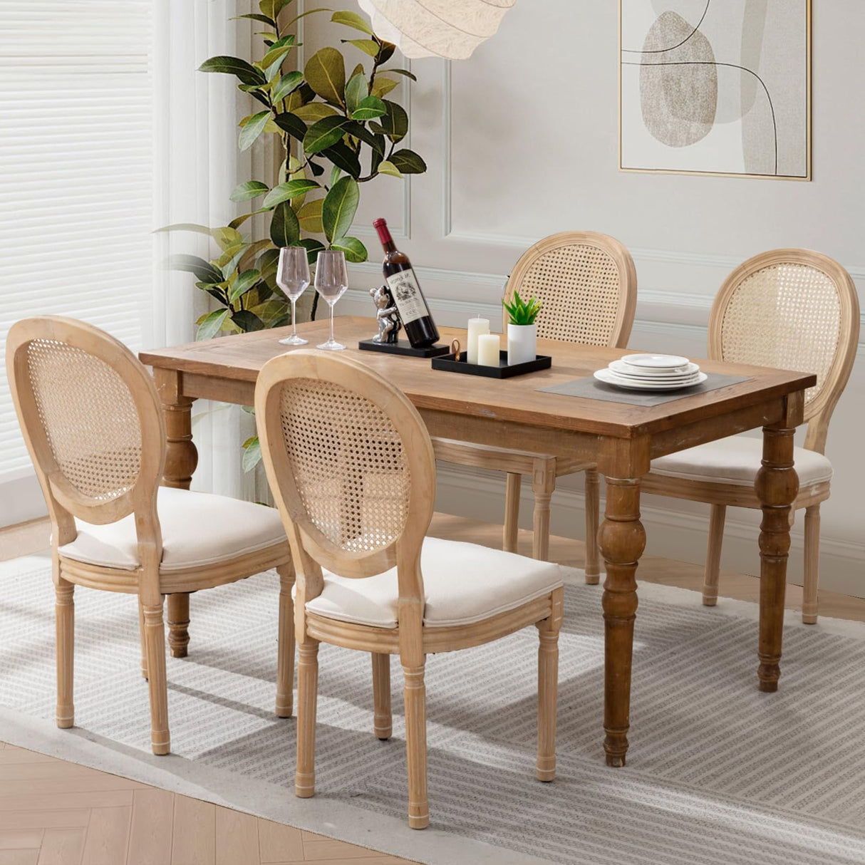 SoarTalent Rattan Back Upholstered Dining Chairs Set of 4 French Country Oval Kitchen Side Chairs with Wood Legs for Dining Room, Kitchen, Restaurant(Beige-Rattan) SoarTalent