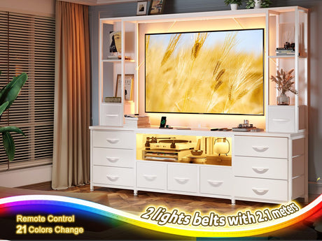 78.6" W Stands for Living Room, Large Wall Unit Entertainment Center with 11 Fabric Drawer,Dresser TV Stand with 2 LED Lights & Power Outlets,TV Stand for Bedroom with Storage Shelves,White EnHomee