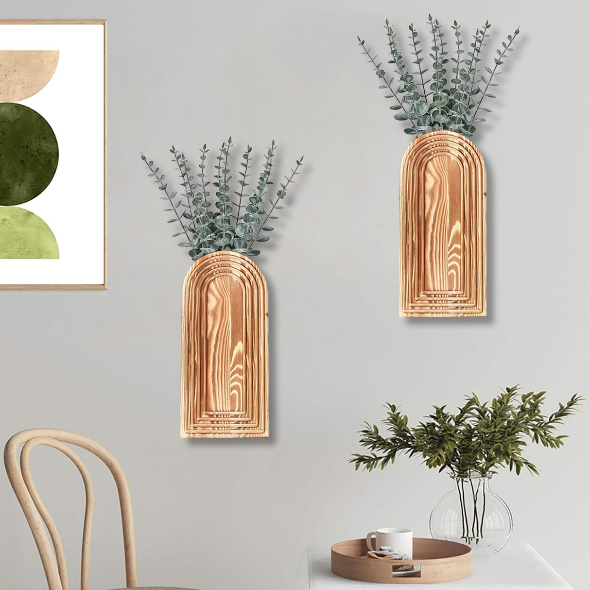 Dnnnii 2 Pack Wooden Wall Vase Set - Brown Finish Modern Farmhouse & Boho Wall Decor for Entryway, Hallway, Bathroom, Living Room, Dining Room, Narrow Spaces Dnnnii