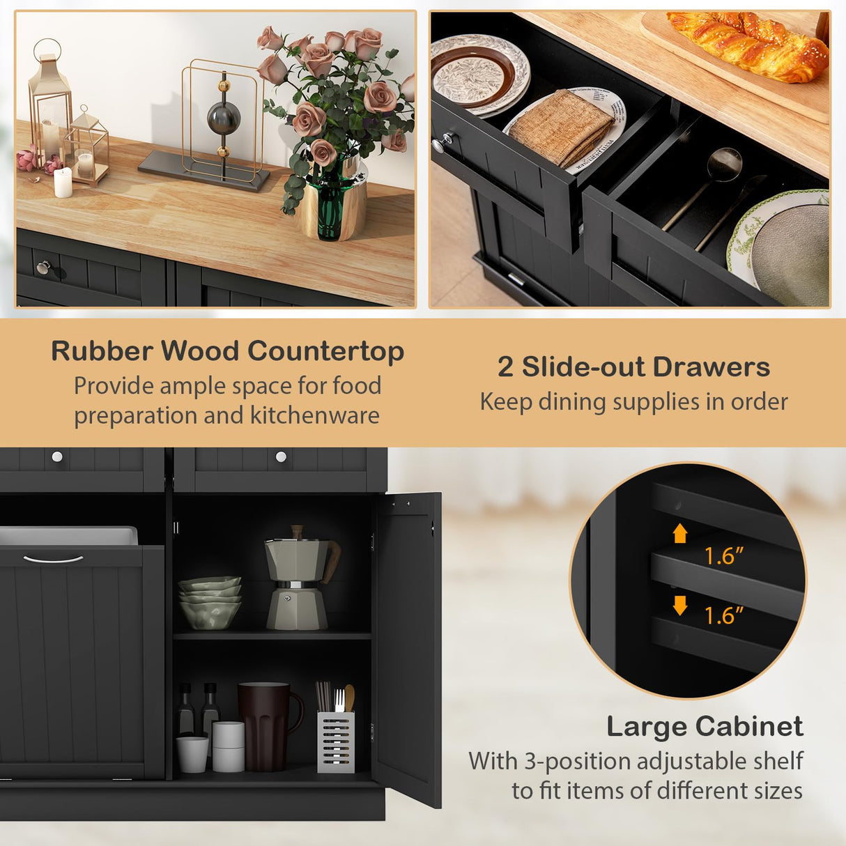 Giantex Kitchen Trash Cabinet, Kitchen Island with Tilt Out 15.5 Gallon Garbage Bin, Rubber Wood Countertop, Large Cabinet, 2 Drawers, Adjustable Shelf, Recycling Can Holder Organizer (Black) Giantex