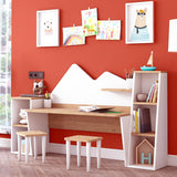 LAWA FURNITURE Kid's Study Desk with Bookshelf + 2 Stools for Ages 3-8, Wooden Children Activity Table with Hutch and Shelves, Kids Bedroom Study Desk with Storage LAWA FURNITURE