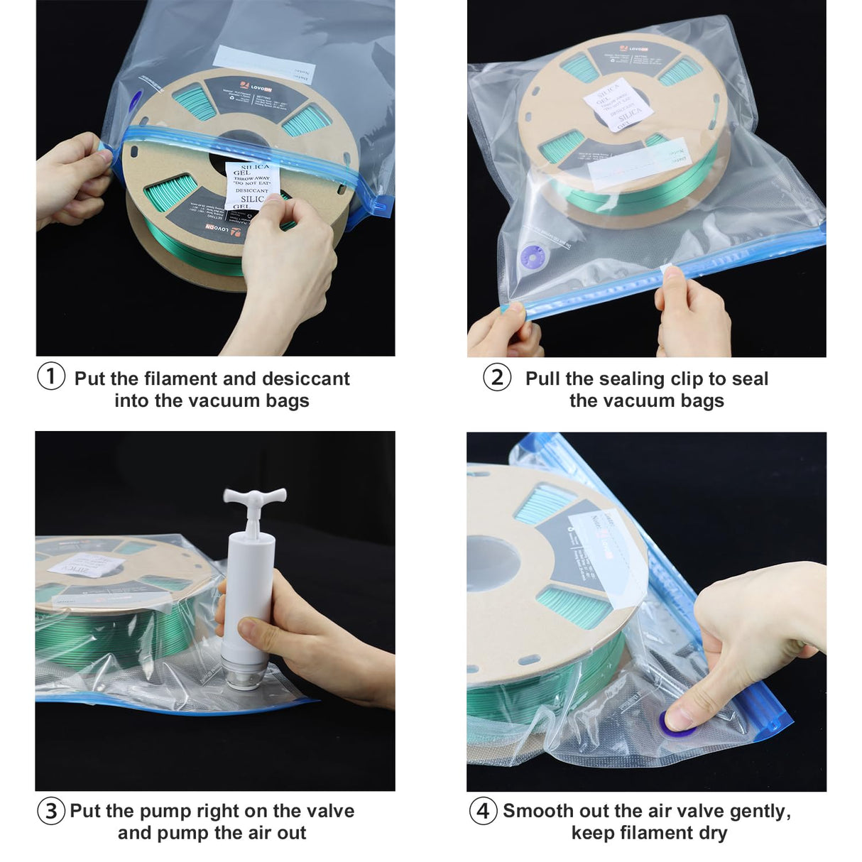LOVOON Filament Storage Bags 16pcs, 3D Printer Filament Storage 5 Bags Vacuum Sealed Kit with 5pcs Desiccant, Hand Pump, Perfect for 3D Filament Storage or Using After Filament Dryer Box LOVOON